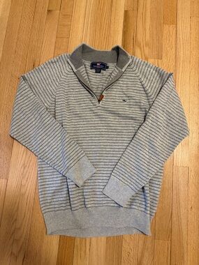 Vineyard Vines Men's Light Gray Striped Quarter-Zip Sweater